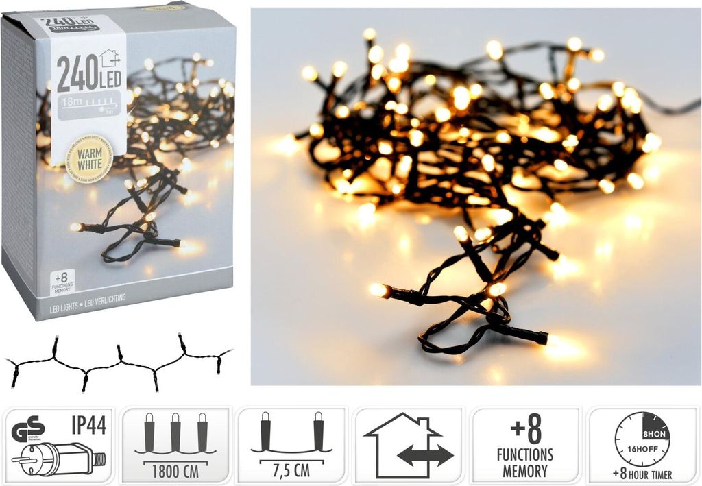 A collage showing a product box, a close-up of LED string lights, and icons representing product features.