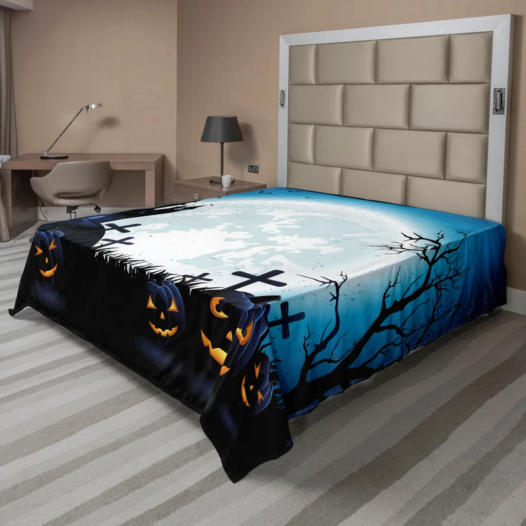 Drap plat décoratif Halloween pour grand lit de 266x260 cm imprimé bleu
