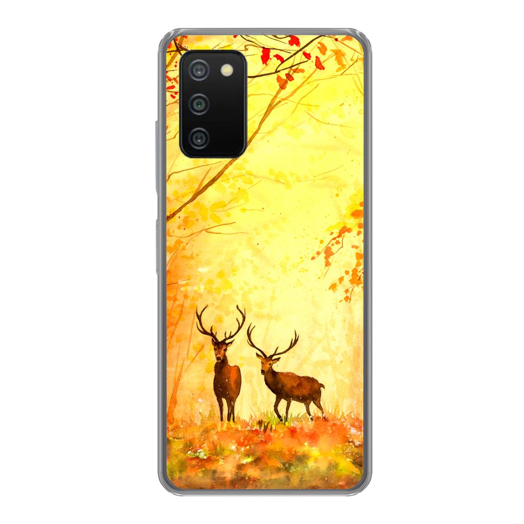 MuchoWow Handyhülle Schutzhülle Hülle für Samsung Galaxy A03s Natur - Ölfarbe - Hirsche - Tiere - Herbst - Orange Silikon Softcase Handy Hü...