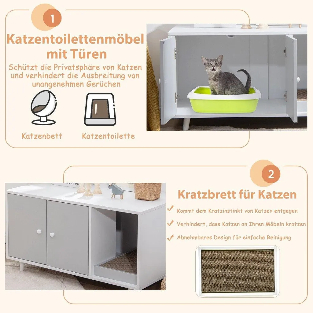Meuble litière chat caché et table basse design gris de 90x50x50 cm