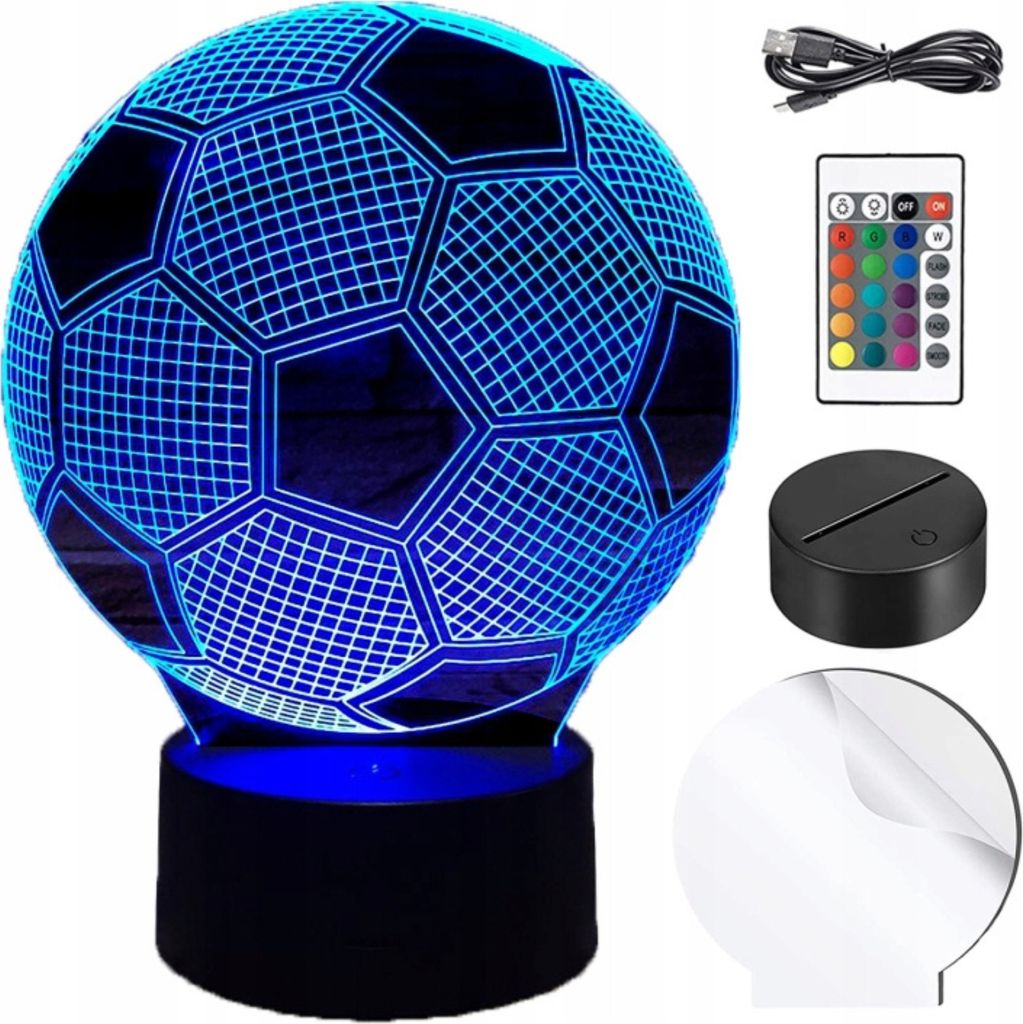 A 3D LED lamp shaped like a soccer ball, with a remote control and charging cable.
