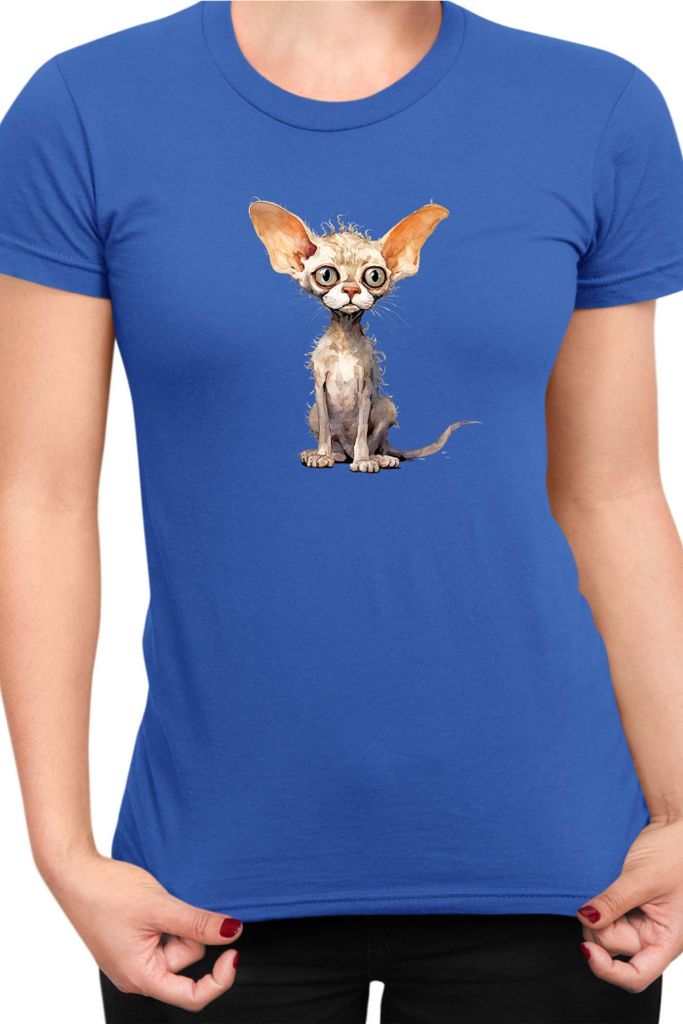 Damen T-Shirt Funny Cats Breeds Devon Rex Cat, Lady XS / Blau