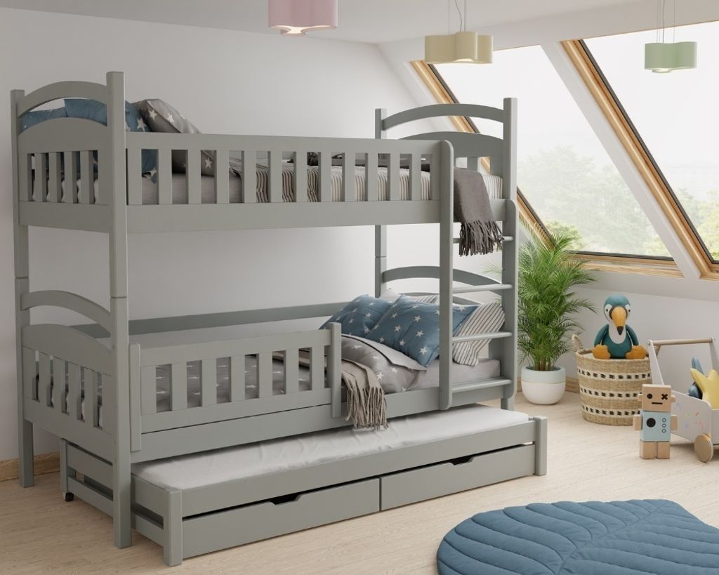 Etagenbett »Hochbett Kinderbett MIA für 3 Kinder 90x200 Grau« (aus Masssivholz Vollholz Kiefernholz), Rausfallschutz unten abnehmbar, inkl. Latt...