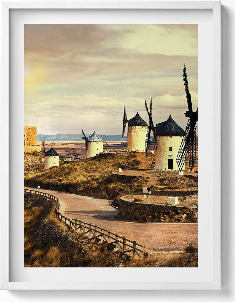 Cosuegra Windmühlen– Wandbild mit Rahmen – Gerahmtes Bild – Wanddekoration – 60x80 cm – Weiß Rahmen