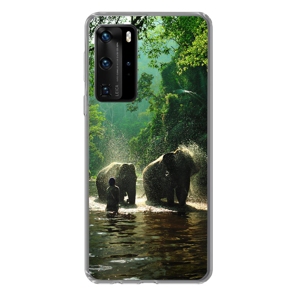 MuchoWow Handyhülle Schutzhülle Hülle für Huawei P40 Pro Elefant - Wasser - Bäume - Grün - Tiere Silikon Softcase Handy Hülle - Schutz