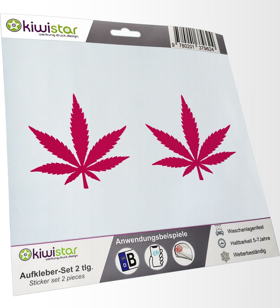 Kiwistar - 2x Kennzeichenaufkleber - pink - 21 mm Hanfblatt - Hashisch - Cannabis - Kennzeichen Aufkleber Sticker Nummernschild