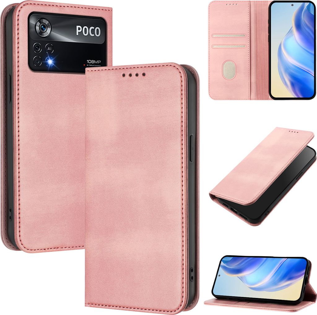 Handyhülle für Xiaomi Poco X4 Pro 5G, Vintage Leder RFID Schutz Kartenfach Standfunktion Magnetische Klapphülle Pink