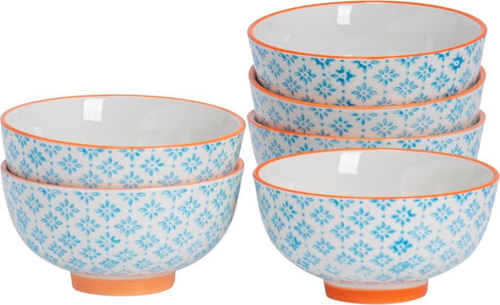 Nicola Spring handbedruckte Reisschüsseln – 12 cm – Blau – 6er-Pack