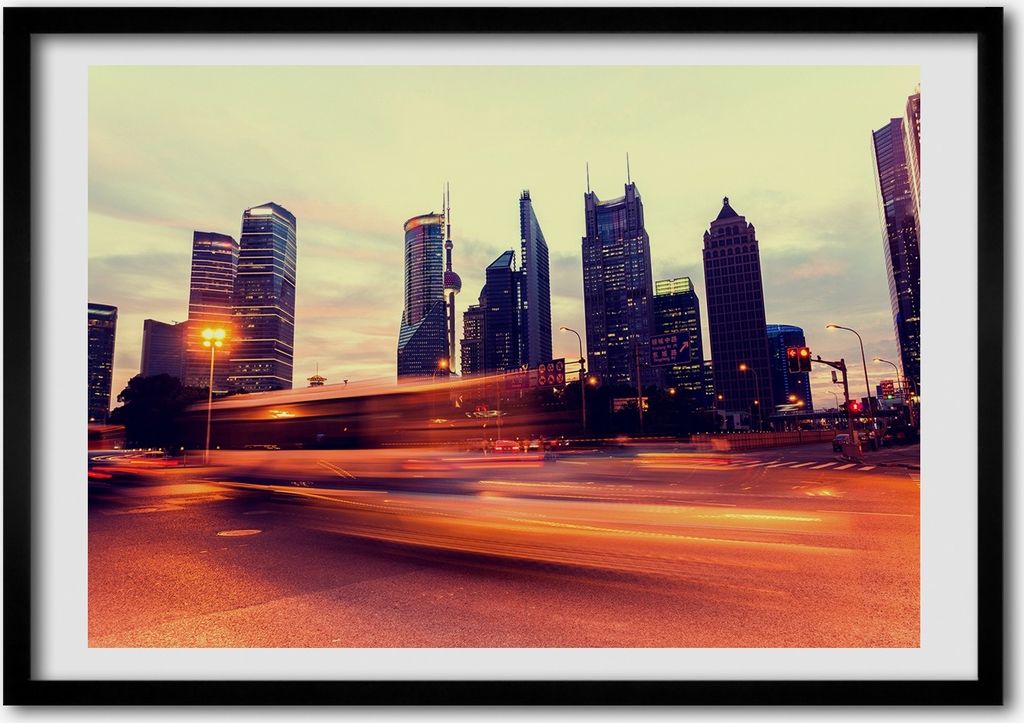 Bild - Bilderrahmen - 100 cm x 70 cm - MDF - Rahmen - Foto - Wandkunst Shanghai bei Nacht