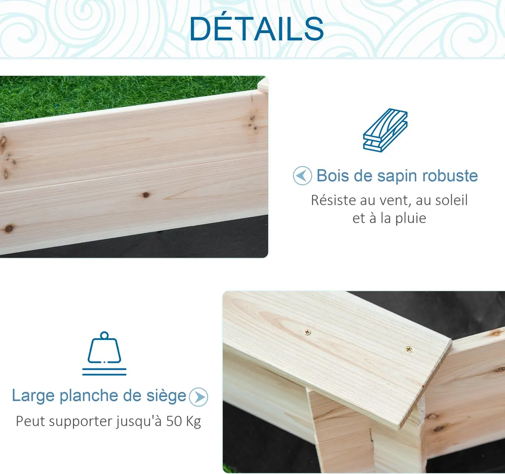 Outsunny Bac à Sable Octogonal en Bois Massif 140cm avec Bancs et Bâche