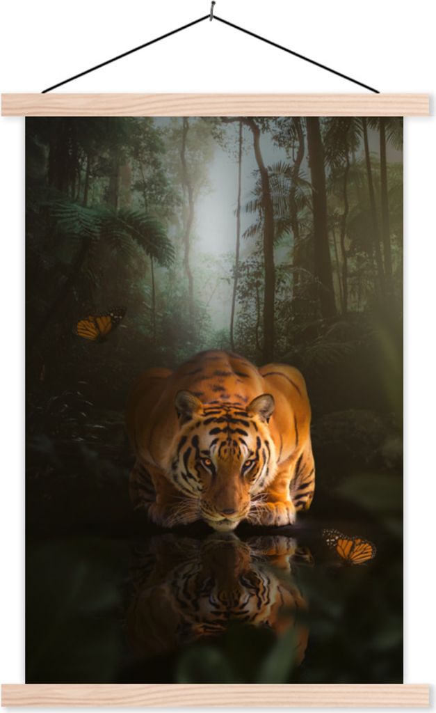 MuchoWow Textilposter Tiger - Gold - Dschungel 60x90 cm mit holzfarbenen Rahmen - Textil