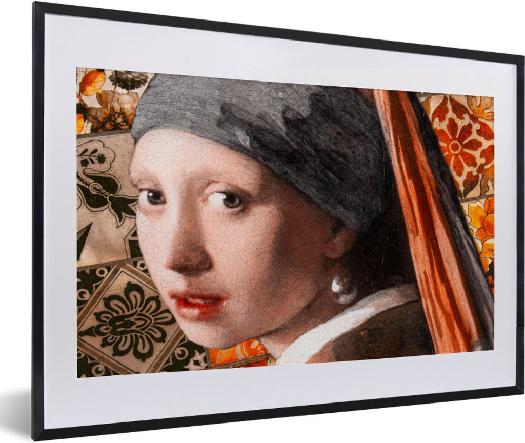MuchoWow Gerahmtes Poster Das Mädchen mit dem Perlenohrring - Vermeer - Collage 60x40 cm - Poster mit Schwarzem Bilderrahmen Wandposter Rahmen F...