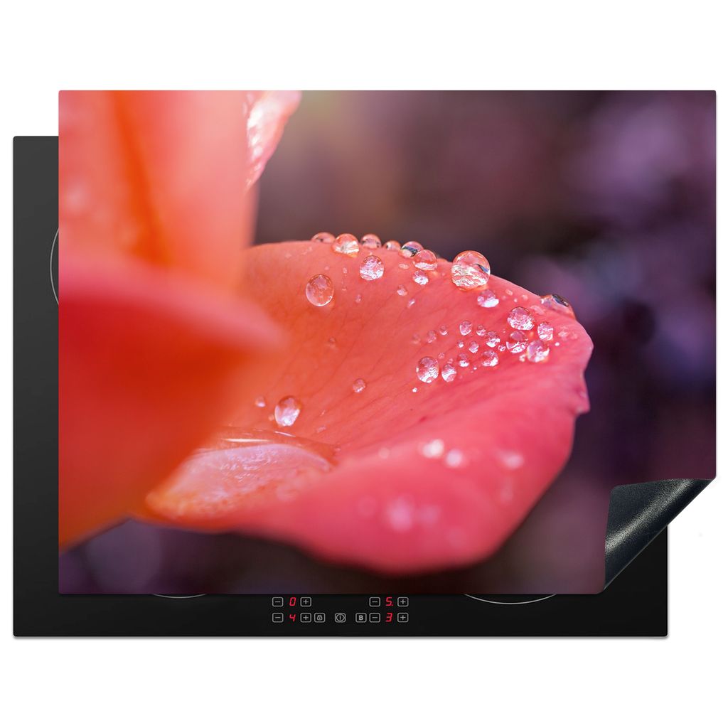 KitchenYeah Herdabdeckplatte Wassertropfen auf einer Rose , 77x59cm, Küche Deko, Glaskeramikfeld Herdabdeckung, Abdeckplatte fùr Kochfeld