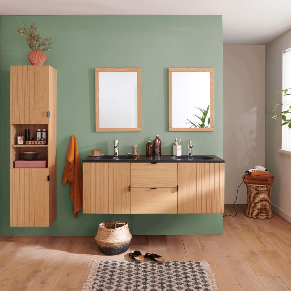 Hänge Waschtisch 140cm Eiche, Armaturen, Spiegel & Schrank STUDIO