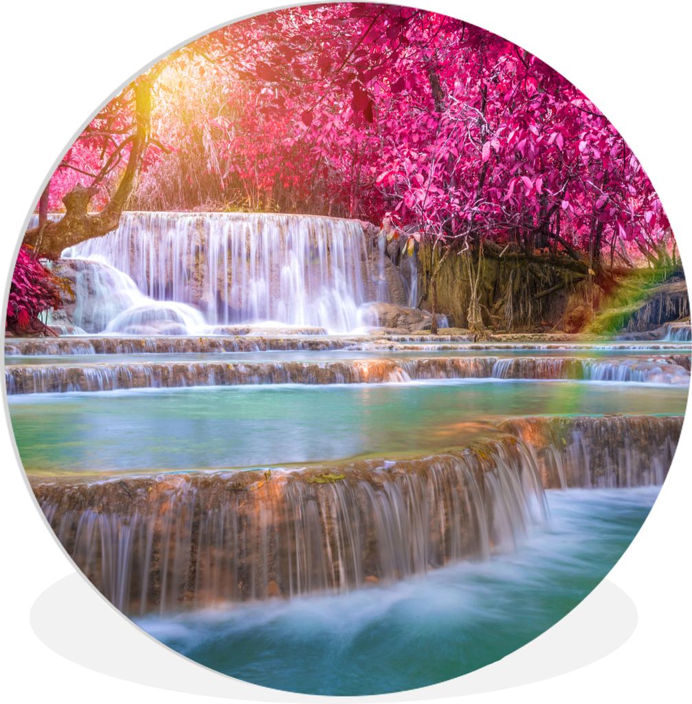 MuchoWow Rundes Wandbild - Runde Bilder Wasserfall - Regenbogen - Bäume - Rosa - Natur Ø 60 cm Kreis Wanddekoration Kunststoff - Wandkreis - Wa...