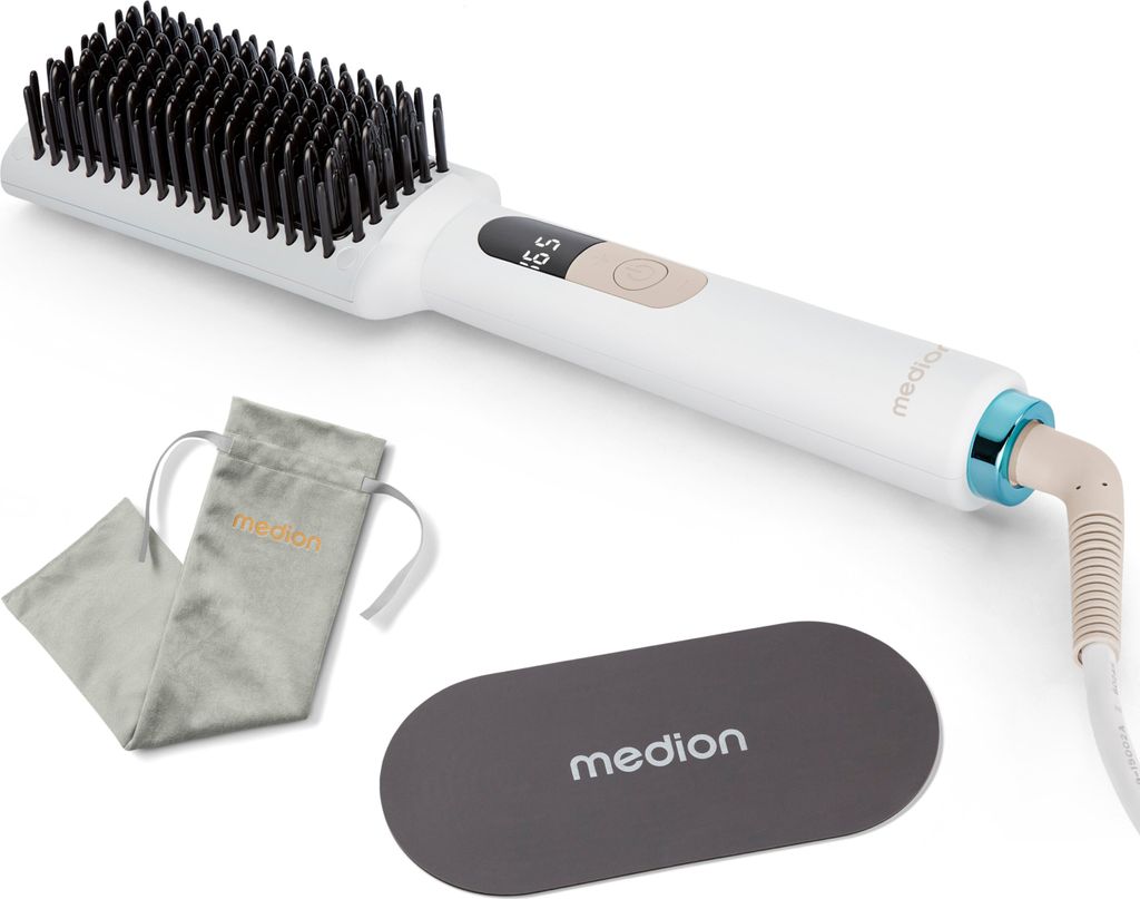 A white hair straightening brush with black bristles, along with its accessories, is displayed on a white background.