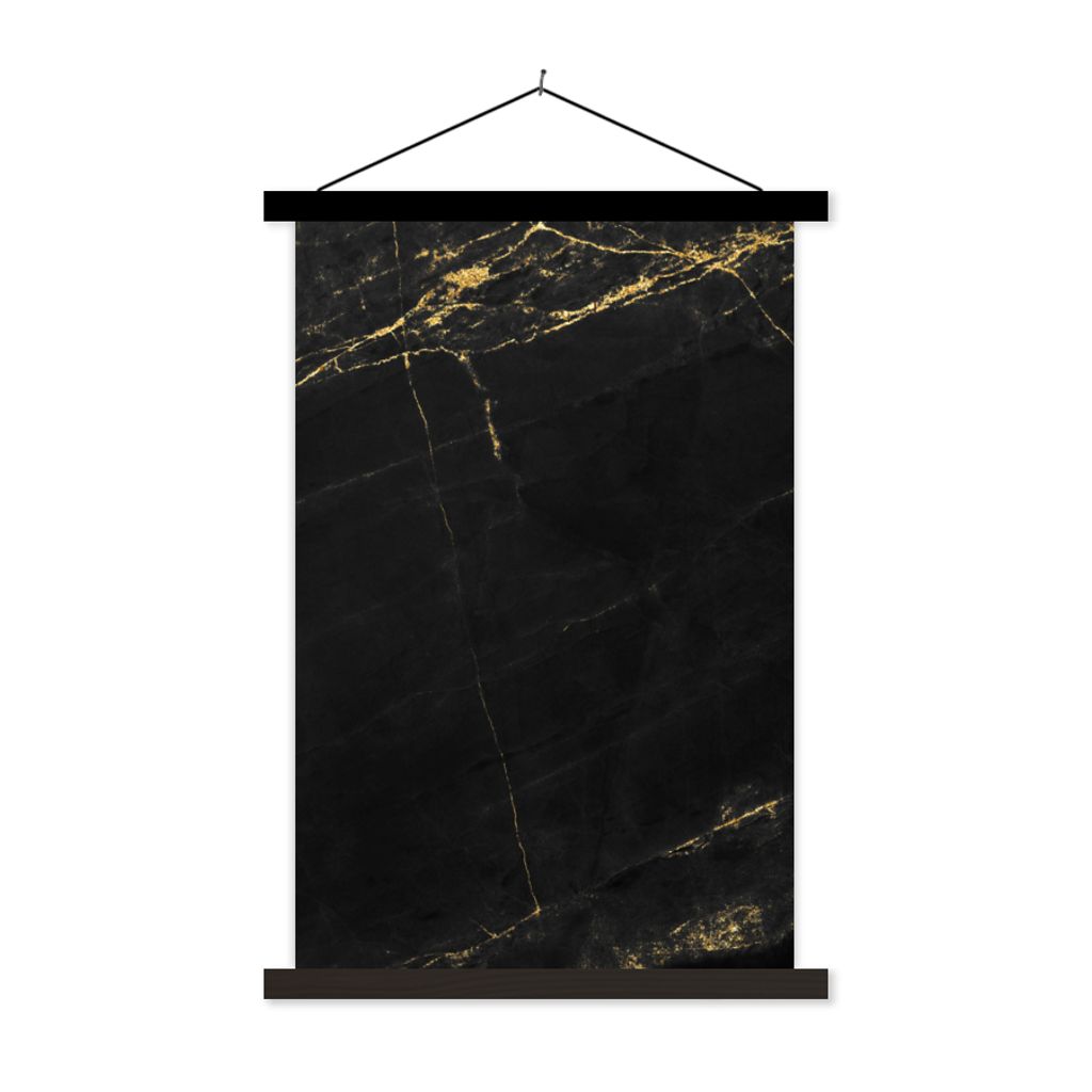 MuchoWow Textilposter Marmor - Schwarz - Gold - Chic - Marmoroptik - Design 60x90 cm mit schwarzem Rahmen - Poster Wohnzimmer