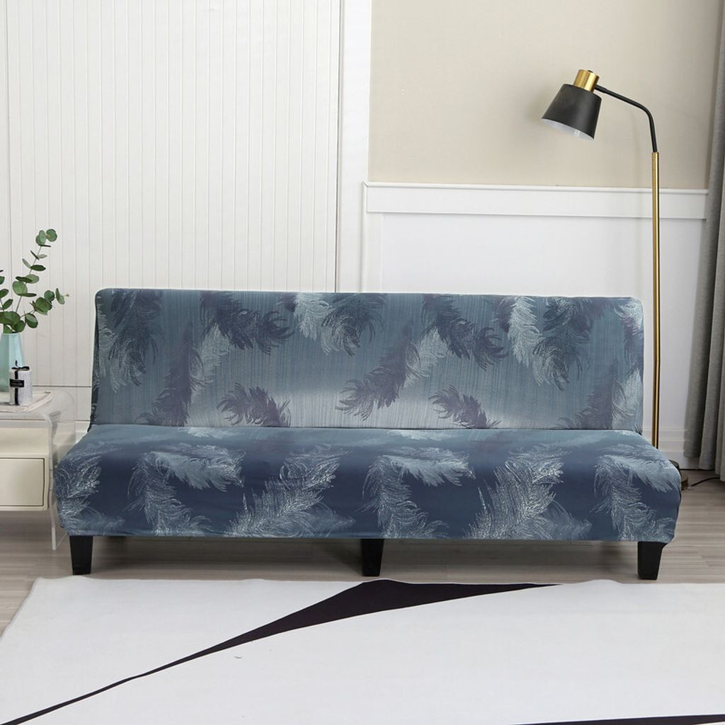 (Graue Feder)Sofabezug Armloser Stretch Couchbezug Ohne Armlehne Bedruckter Schlafsofa Futon Bezug Faltbar Elastischer Sofaüberwürfe Ohne Arm...