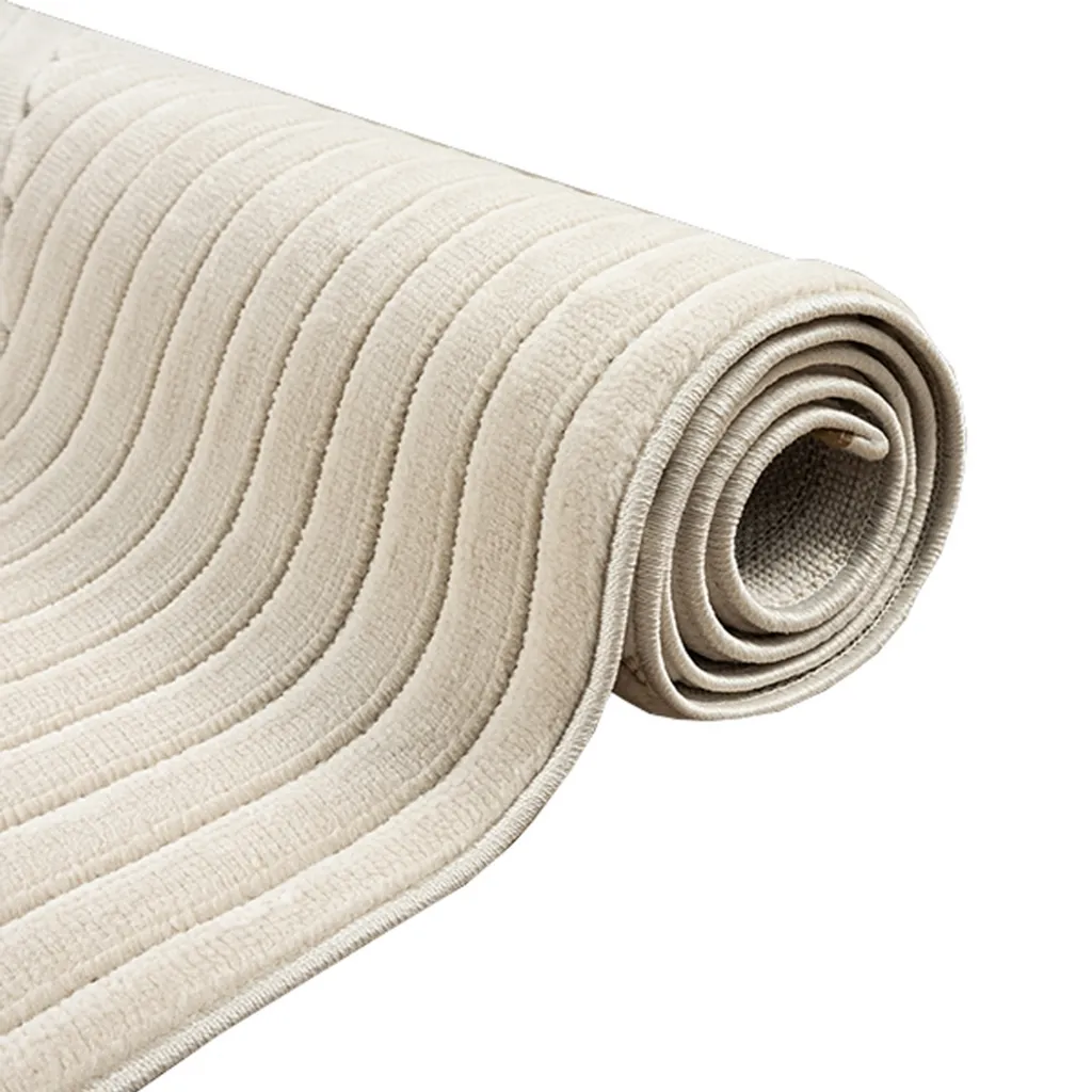 Tapis design beige à lignes géométriques, velours bas et forme ronde - 7