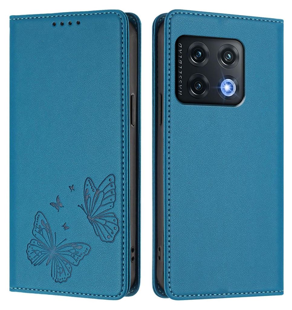 Lederhülle für OnePlus 10 Pro, Schmetterling Prägung Leder Brieftasche Schutzhülle mit Ständer Blau