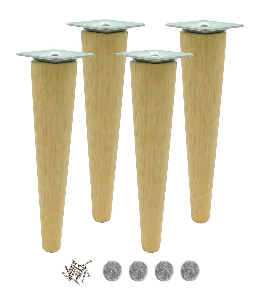 4x Tischbeine aus Eiche – konisch, roh, 35 cm – mit M8-Schraube & Montageplatte