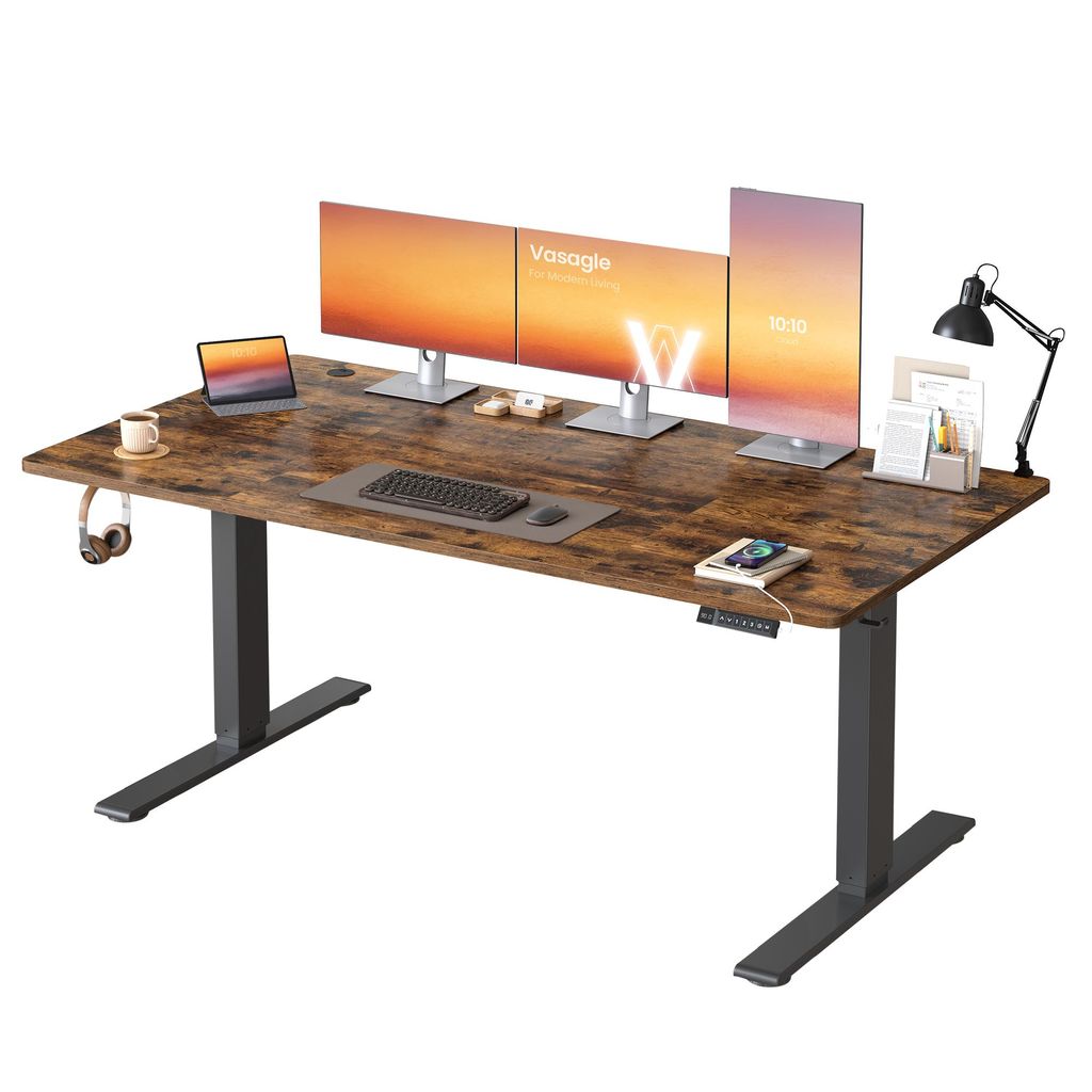 VASAGLE Höhenverstellbarer Schreibtisch, 160 cm, USB-C-Anschluss, Ablage für Steckdosenleiste, Erinnerung bei langem Sitzen, 3 Speichertasten