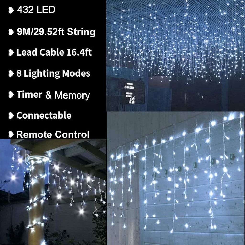 Meisterhome® Eisregen Eiszapfen Lichterkette LED Warmweiß Timer und 8 Funktion 