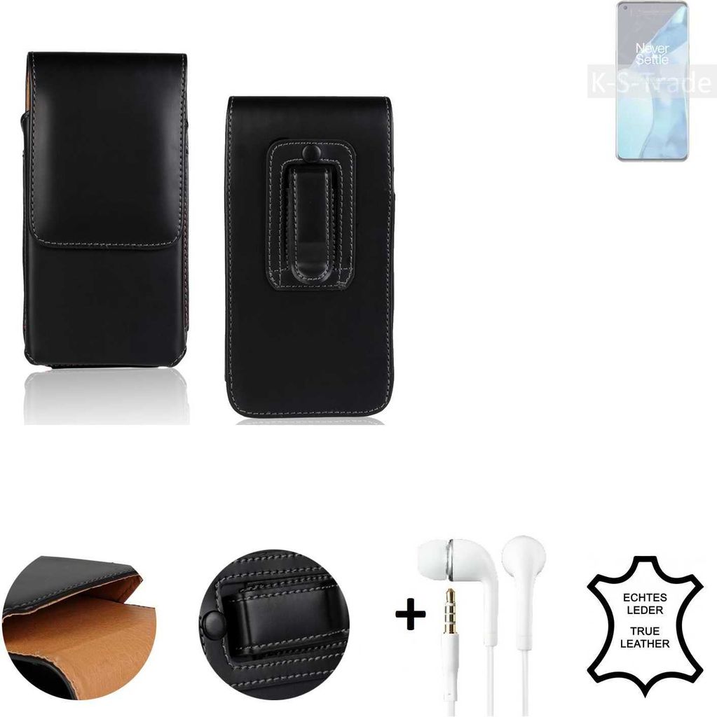 K-S-Trade Leder Gürteltasche + Kopfhörer kompatibel mit OnePlus 9 Pro Seitentasche Belt pouch Holster Handyhülle Schutz Hülle Etui schwarz 1x