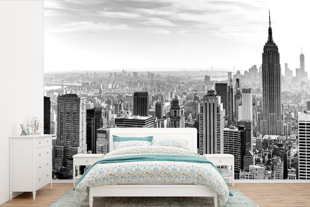 MuchoWow Fototapete für Wohnzimmer oder Schlafzimmer Wandtapete Vinyl Motivtapete New York - Amerika - Schwarz - Weiß - 450x300 cm - Gemusterte