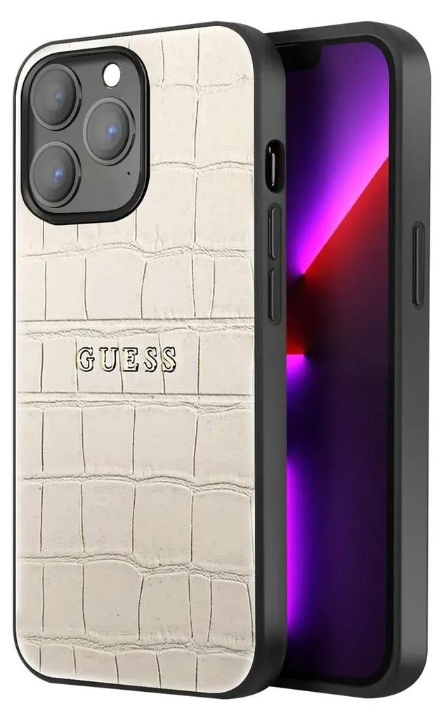 Coque iPhone 13 Pro Guess Beige en Cuir Croco - Finition Haute Couture