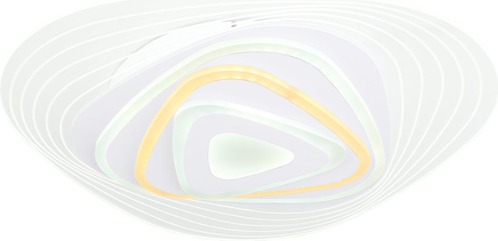 A top-down view of a white ceiling light with concentric triangular layers and a yellow accent.