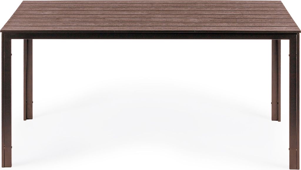 A brown slatted table with dark metal legs on a white background.