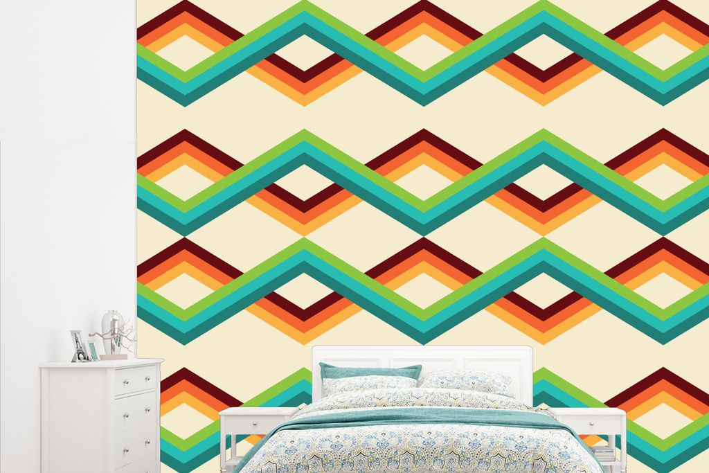 MuchoWow Fototapete für Wohnzimmer oder Schlafzimmer Wandtapete Vinyl Motivtapete Retro - Streifen - Design - Siebziger Jahre - 265x220 cm - Die...