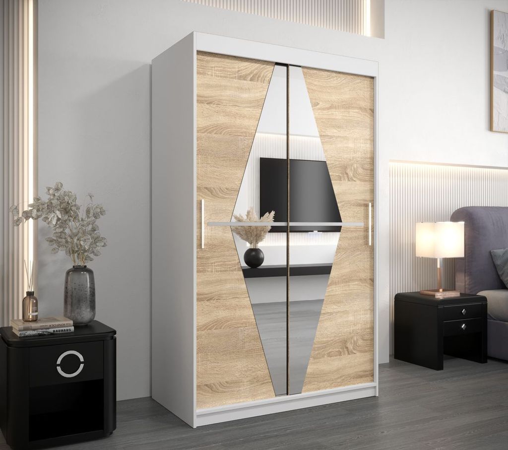 Kleiderschrank mit Spiegel KAMILA – Breite 120 cm, weiß/sonoma Eiche
