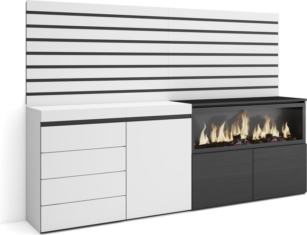 Sideboard, Kommode, 214x35x145 cm, Für Schlafzimmer, Zimmer, Elektrokamin XXL, Kommode mit Schubladen, Weiß