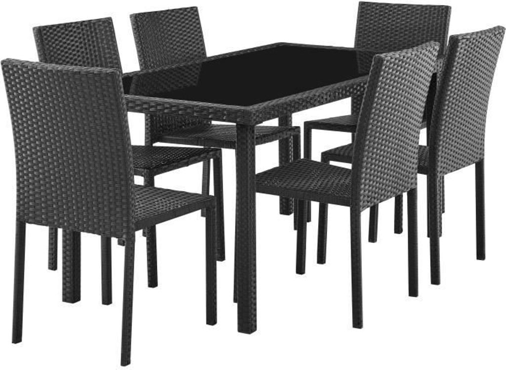 Garten-Essgruppe – Tisch aus gehärtetem Glas und 8 schwarze Stühle aus geflochtenem Harz – Tisch 160 x 80 x 73 cm – Stuhl: 44 x 54 x 88 cm ...