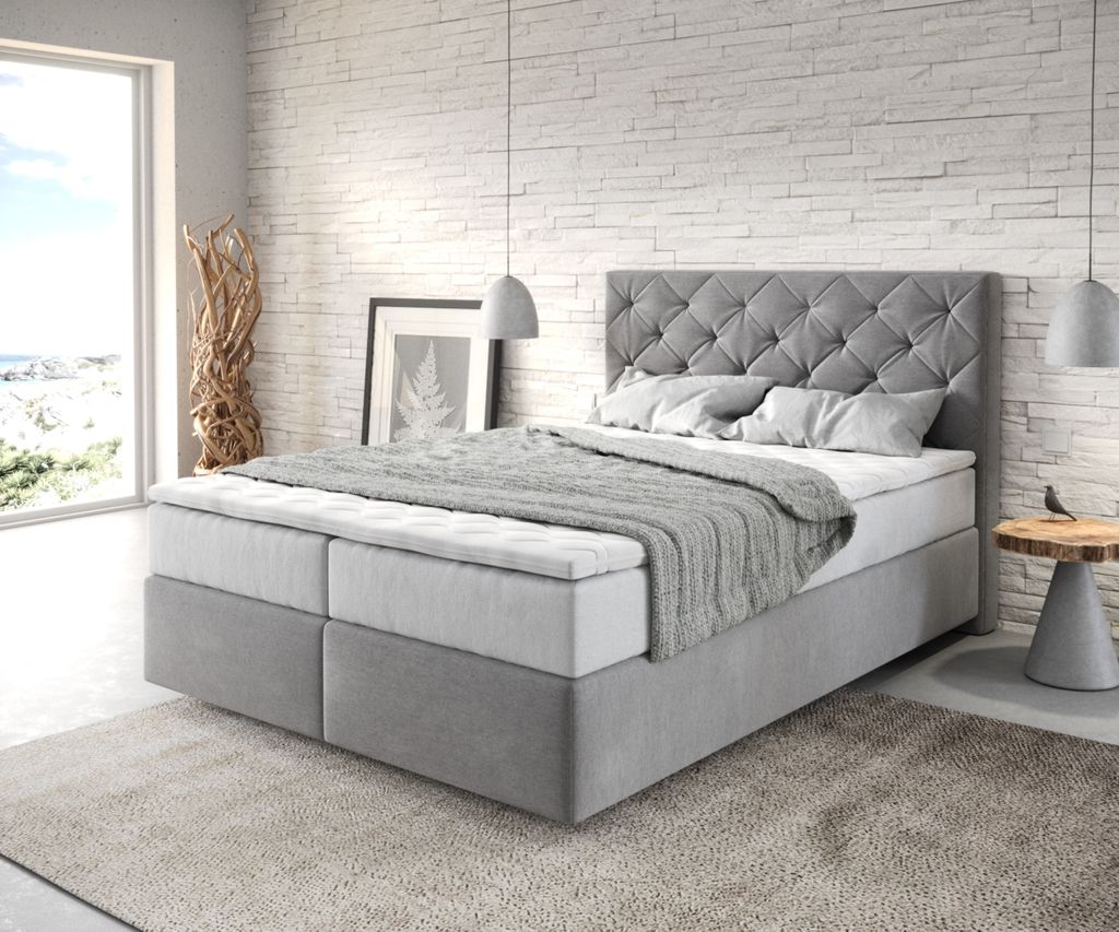DELIFE Boxspringbett Dream-Great 140x200 cm Mikrofaser Grau mit TFK Matratze und Visco Topper