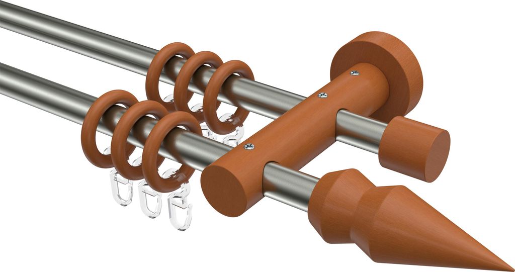 Interdeco Gardinenstange / Vorhangstange Edelstahl / Kirschbaum lackiert, Typ Adrian Doman (Doppelkegel), 16 mm Ø 2-läufig, 100 cm