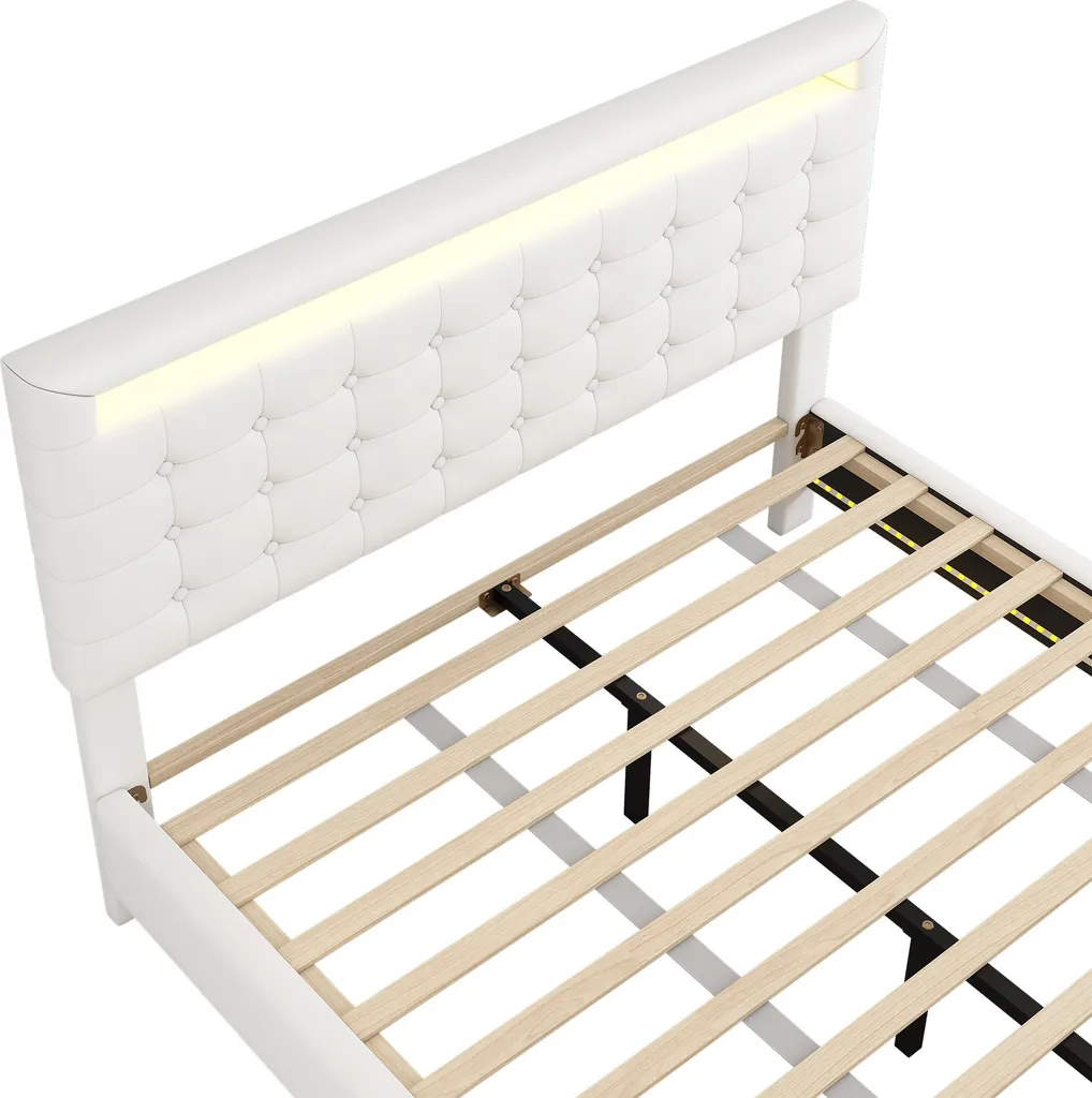 Lit Double 140x200 Blanc MODFU avec Tête de Lit Ergonomique Réglable