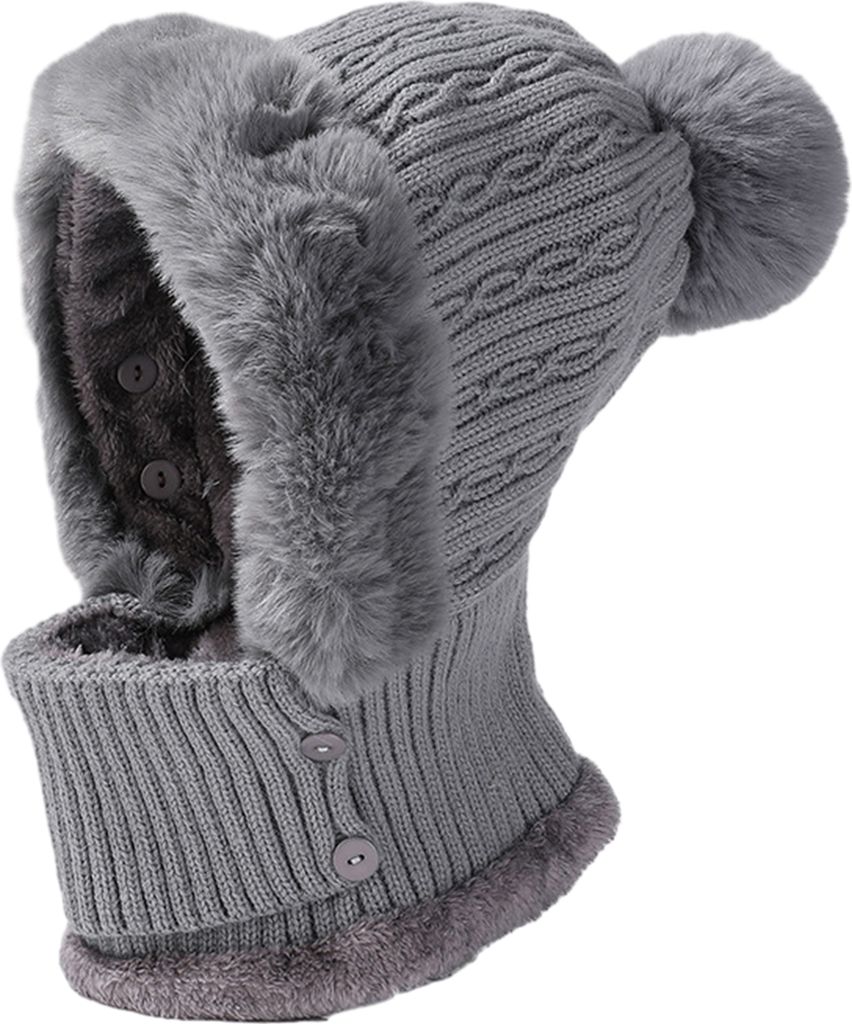 Damen Winter Beanie Mützen Einteiliges Fleece Gefütterte Strick Sturmhauben Masken Set Totenkopf Hals Kreis Schal Ski Schneemütze Kappe mit Bommel
