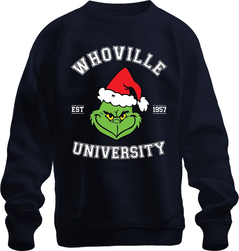 WHOVILLE UNIVERSITY Grinch Weihnachten Lustig Geschenk 1957 Retro Uni Sweatshirt Pullover, Navy, XL