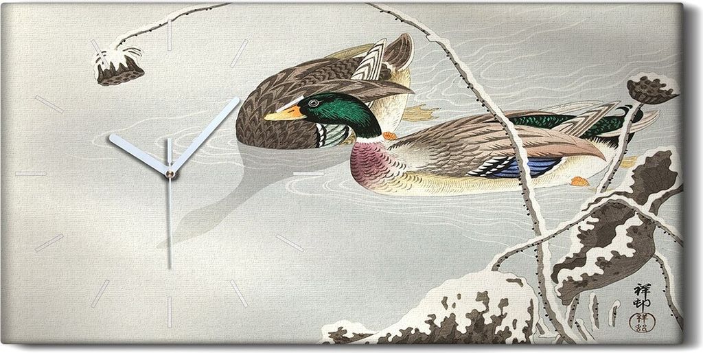 Wanduhr Uhr Wandbild Leinwand 60x30 Malerei Asiatische Tiere Vögel Wasser Kunst - weiße Hände