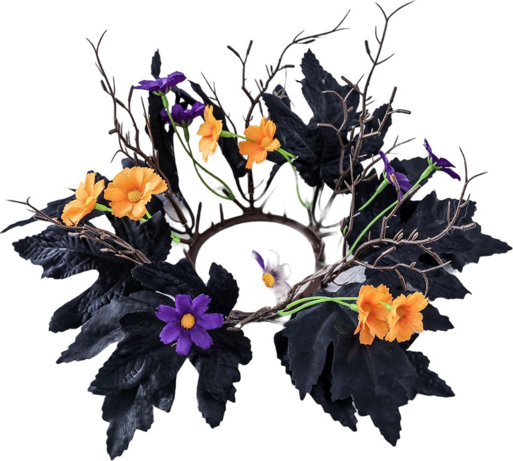 Halloween-Kerzenring-Kranz-Dekoration, künstliche Ahornblätter, Blumen, Boho-Säulenkranz, Kerzenhalter für Heimtischdekoration