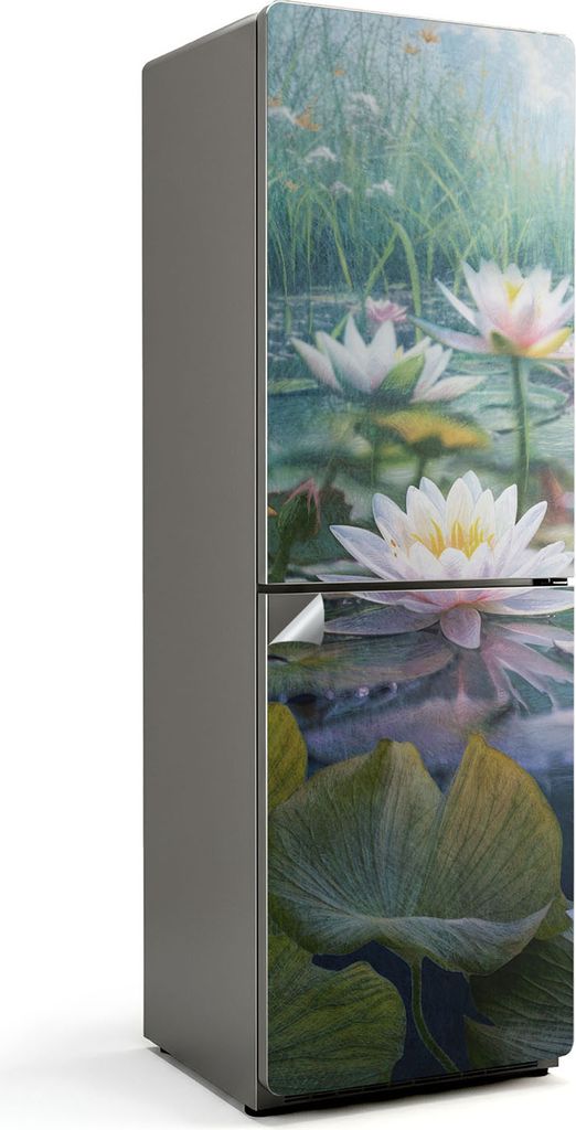 Lilien auf der Seeoberfläche – Kühlschrank Aufkleber – Klebefolie Kühlschrank – Kühlschrank Nachbildung – Kühlschrankfolie selbstklebe...