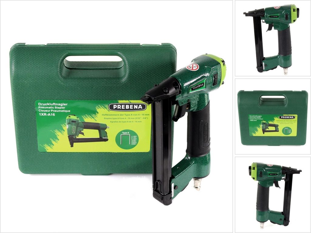 A collage of images showing a green pneumatic stapler and its case, with close-ups of the stapler from different angles.