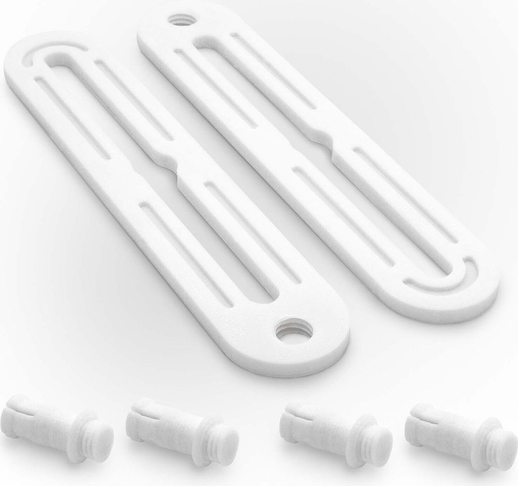 A set of white plastic window hardware components, including two long flat pieces with slots and four small cylindrical pegs, arranged on a white background.