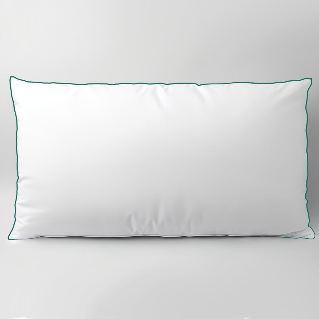 A white pillow with a dark green trim, presented on a plain white background.