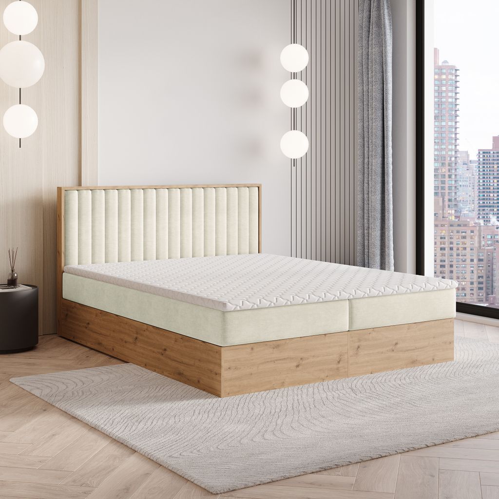 Masseno Boxspringbett VARELI 140x200 cm Komplett-Set mit Bonell Matratze und Topper, Polsterbett mit Bettkästen -Creme, SORO 02