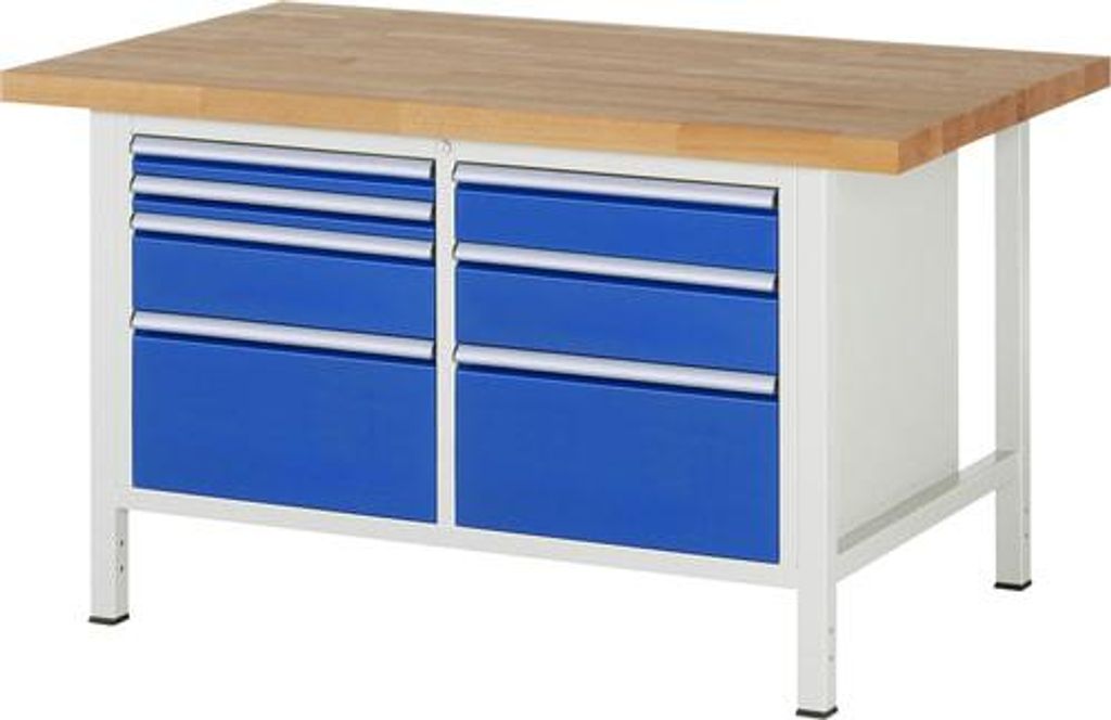 Werkbank mit 7 Schubladen - Vollauszug - 60:2 / 120:1 / 150:2 / 270:2 - höhenverstellbar 840-1.040 mm - 1.500x900 mm (BxT) - Traglast 1.250 kg - B...