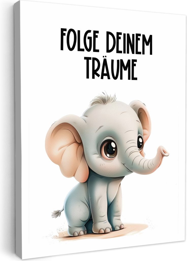MuchoWow - Leinwandbilder - Elefant - Folge deinen Träumen - Zitat - Tier, Wandbild, Wanddeko Bilder Wohnzimmer, 50x70 cm